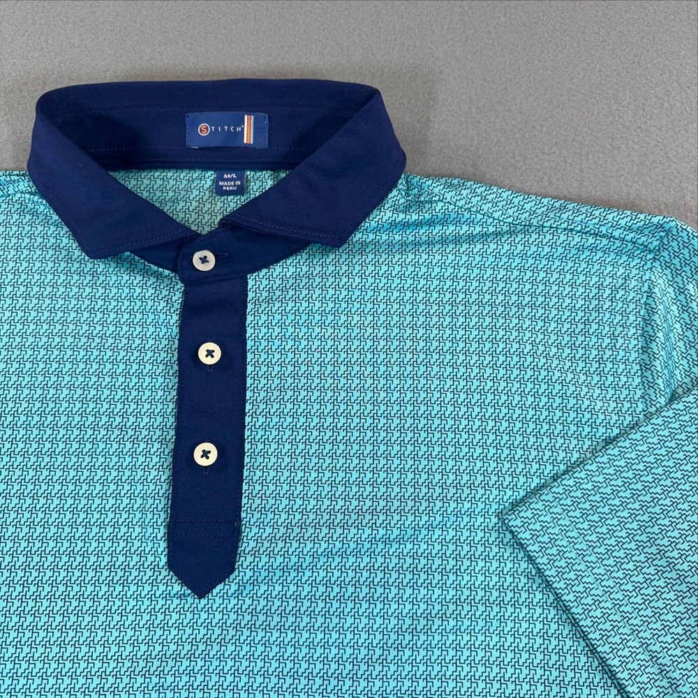 Stitch Golf Mens Polo Shirt Teal Navy Blue Geometric Print Size M/L Short Sleeve
